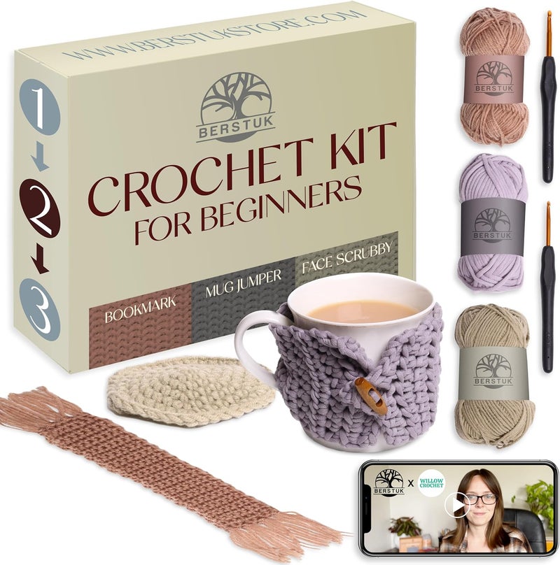 Berstuk Absolute Beginner Crochet Kit for Adults – Easy Projects with Step-by-Step Video Tutorials - Complete Kit for Functional Projects - Left & Right-Handed Instructions - Image 1